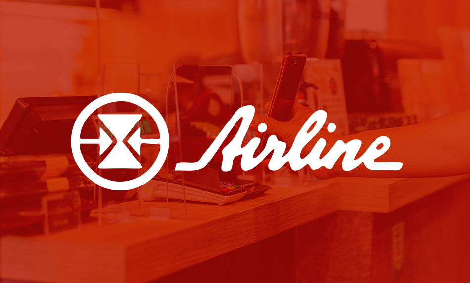 Airline logo, with someone scanning a phone in the background.