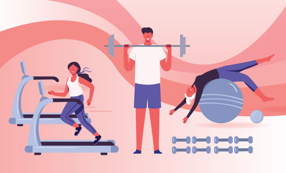 A woman on a treadmill, a man lifting weights, and a woman on an exercise ball.
