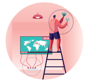 Man standing on step ladder fixing a security alarm while a tv is plugged into an extension cord.