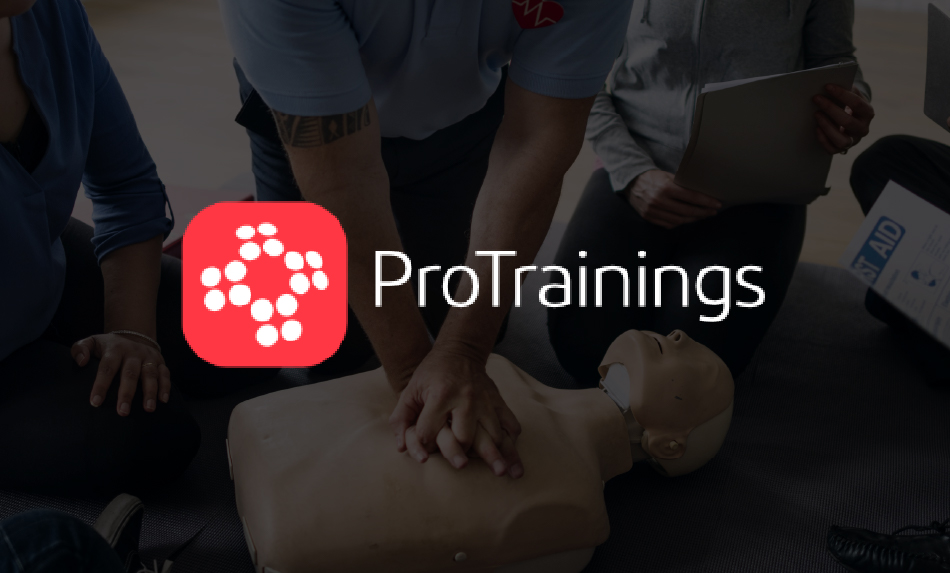 ProTrainings, People performing CPR on a dummy in the background.