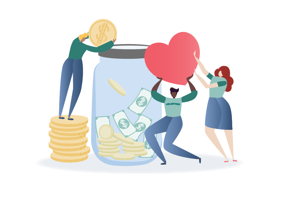 Man putting giant coin in a money jar while two people hold a giant heart