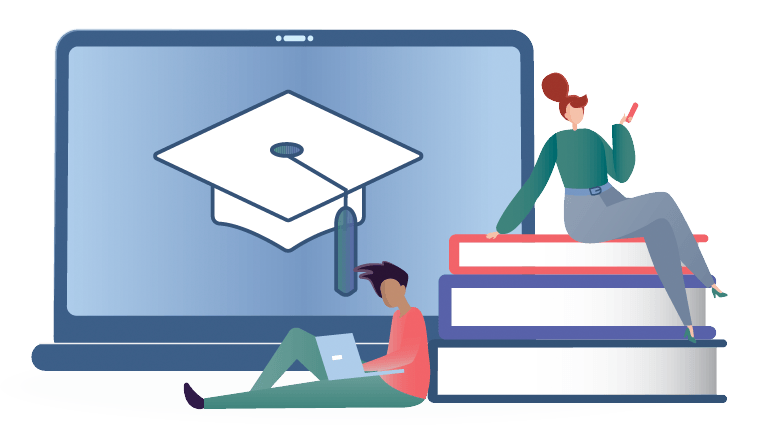 Graphic of a woman sitting on books and a person on laptop for online learning class
