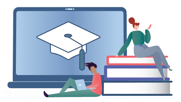 Online-Learning-Header-Cropped Graphic of a woman sitting on books and a person on laptop for online learning class