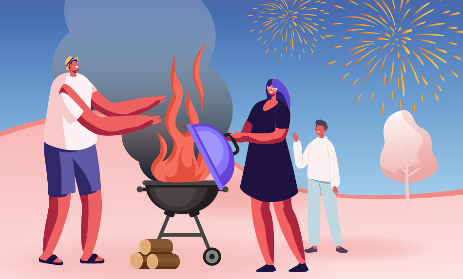 A man and a woman cooking on a grill outside with a boy and fireworks in the background