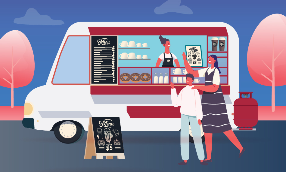 Woman and boy ordering at a food truck.