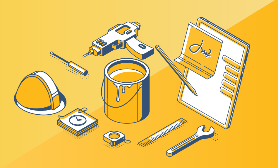 yellow graphic of tools, paint, and equipment.