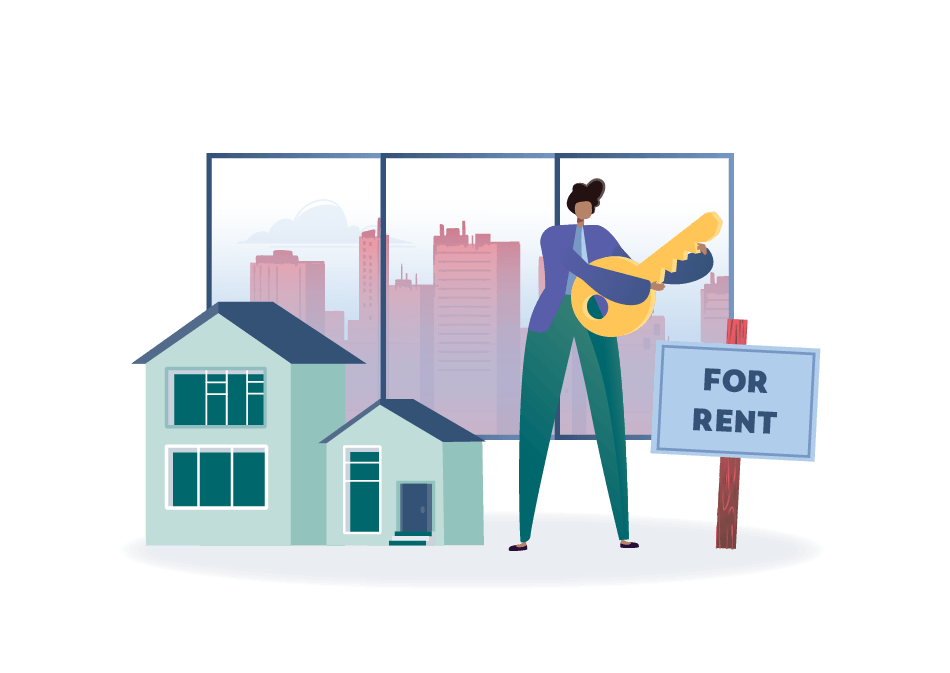 Woman holding a house key in front of a 'for rent' sign