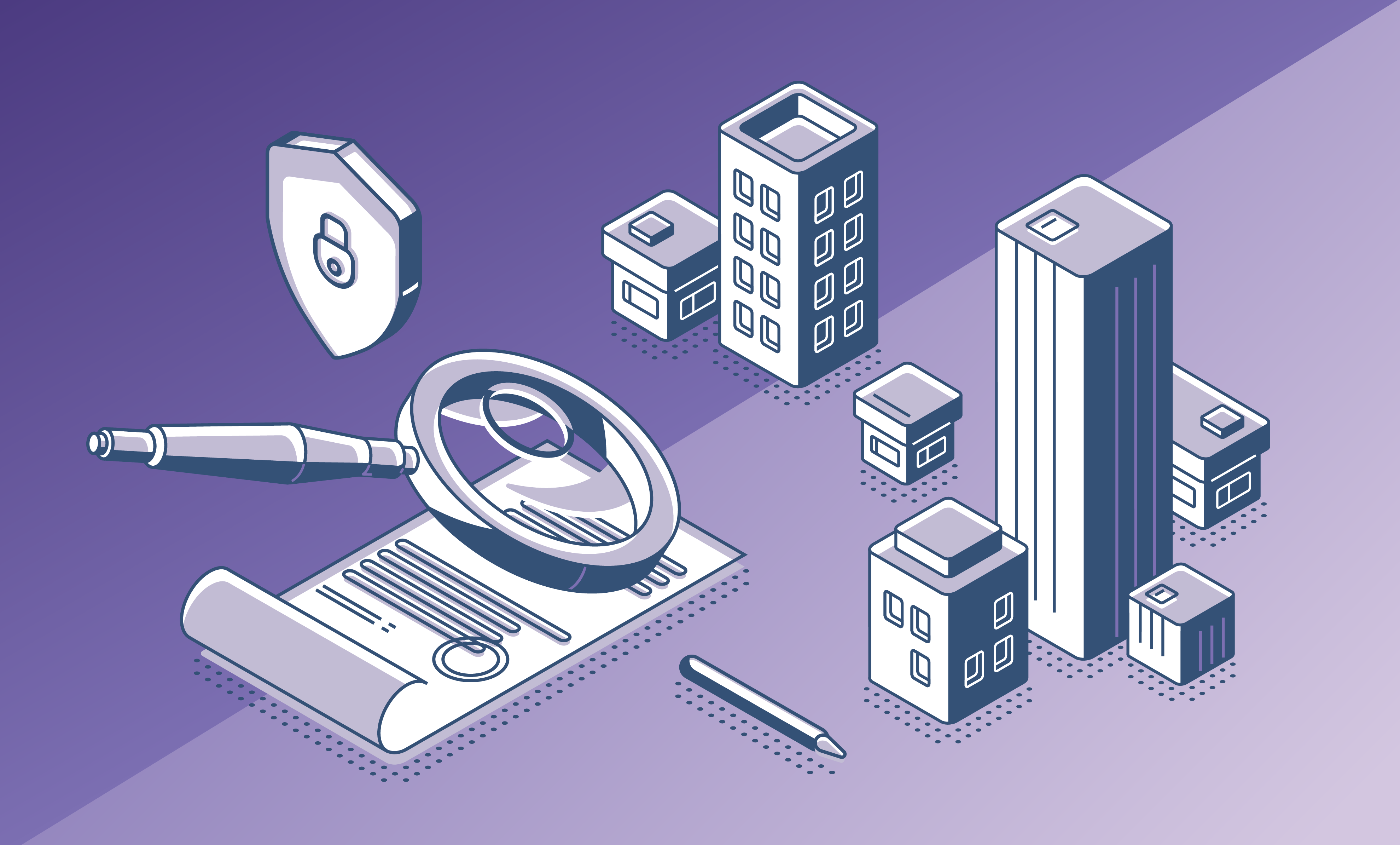 magnifying glass over a lease agreement with commercial buildings